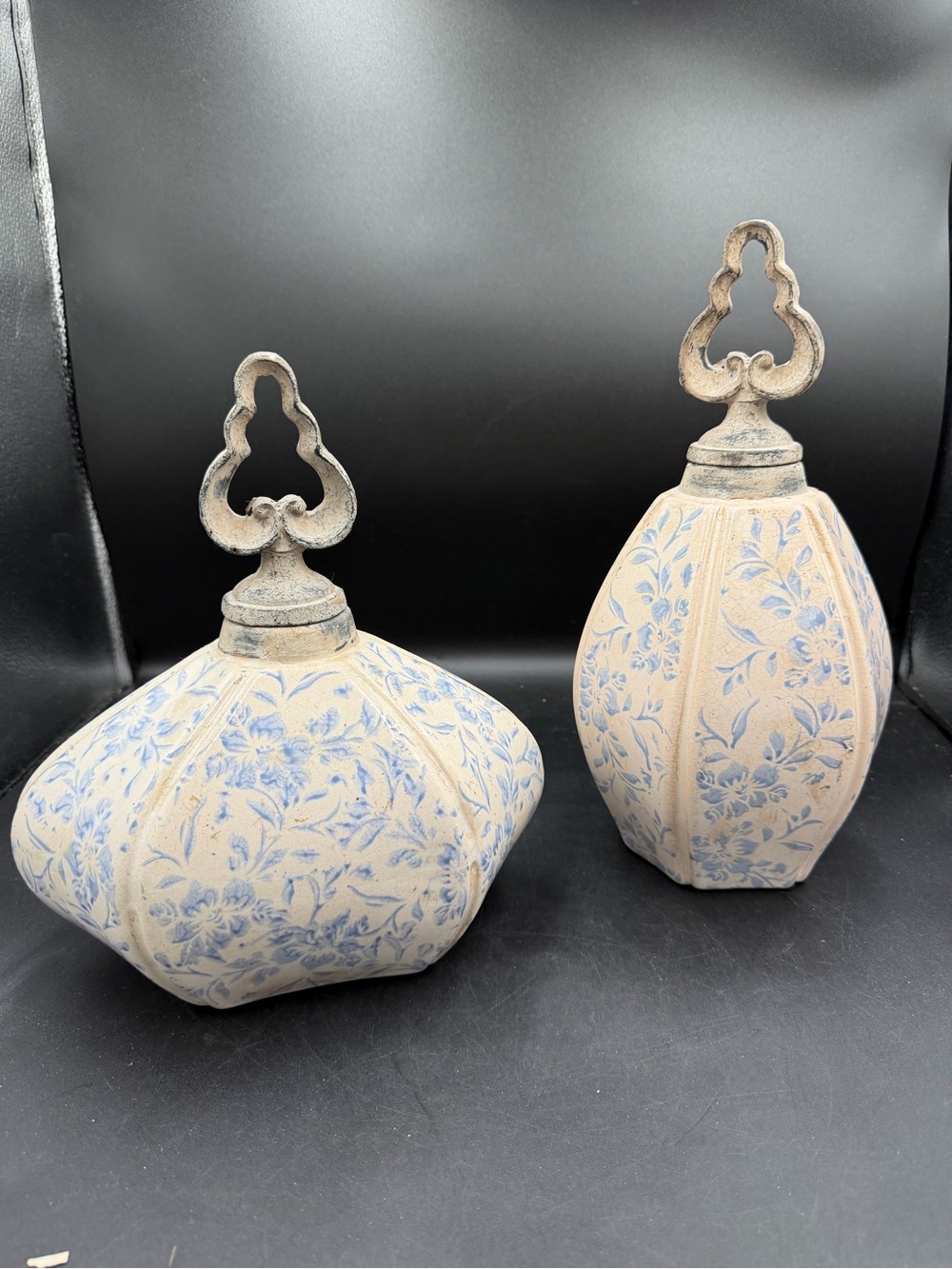 (2) Vintage-Style Ceramic Decorative Jars w/ Ornate Lid Handles